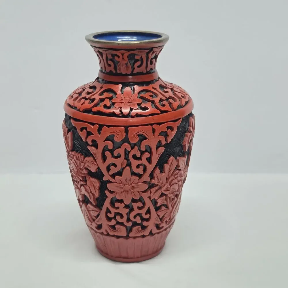 Vtg Chinese Red Cinnabar Fine Hand Carved Lacquer Brass Vase Enamel Floral 5”